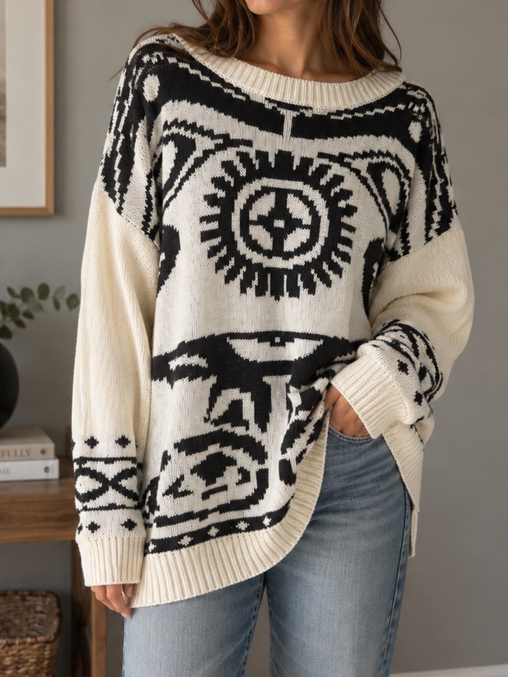 MINKPINK Oversized Black & Cream Graphic Knit Sweater Medium